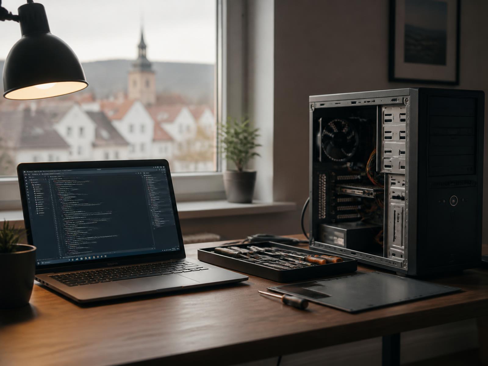 Arbeitsplatz mit Laptop, Werkzeug und einem geöffneten PC-Gehäuse, im Hintergrund ein Blick über Wissen